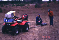 USGS scientists conducting a ground penetrating radar (GPR) survey at the south subsurface oil pool