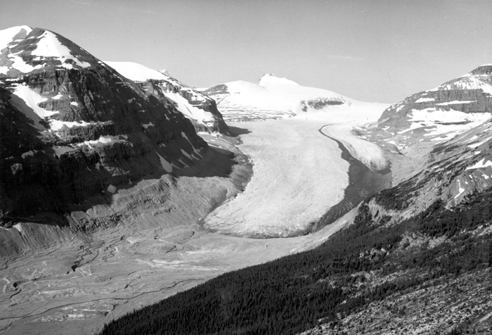 Saskatchewan Glacier, a tongue of the Columbia Ice Field, from Parker Ridge, southeast of Mount Athabaska. Province of Alberta, Canada. August 2, 1954.