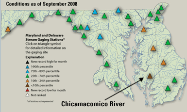 Map of Maryland displaying streamflow gaging sites and rankings