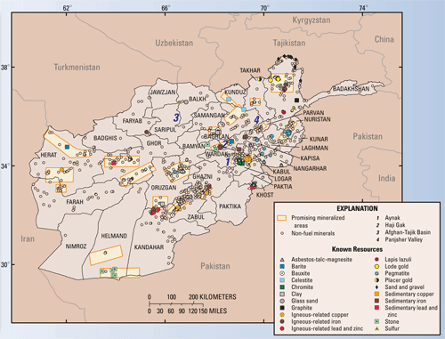 Map of Afghanistan and link to Fact Sheet 2007-3063, Preliminary Assessment of Non-Fuel Mineral Resources of Afghanistan, 2007 