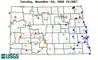 Stream gage levels in North Dakota, relative to 30 year average.