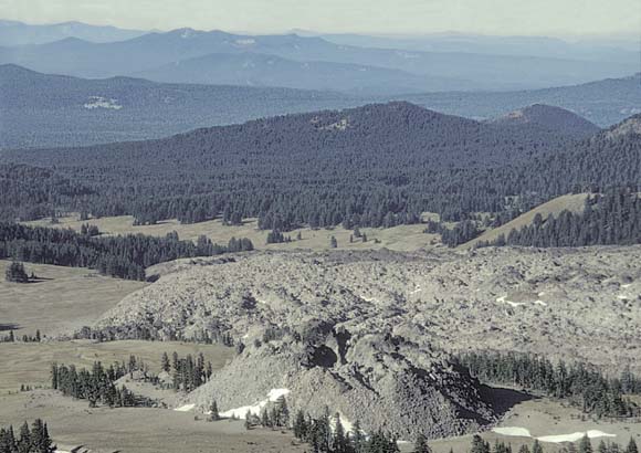 Distributed arc volcanoes in the Cascades of central Oregon. At least 23 separate vents are discernible in this southwestward view from low on the southern slope of South Sister.