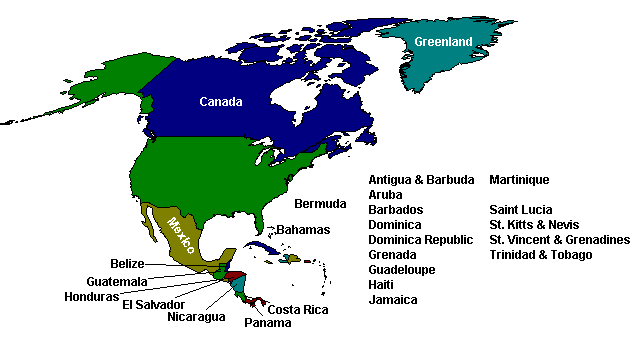 Map of North America, Central America, and the Caribbean