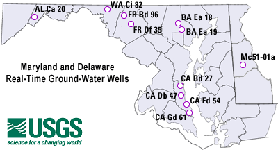 Map of Real Time Ground Water Sites in MD and DE