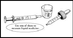 Cartoon: Use a dropper or special measuring tools to measure liquid medicine