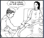 Cartoon: Doctor who is writing on patient's leg says: This is where we will operate.