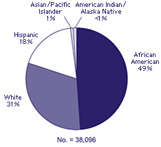 No. = 38,096

African American: 49%
White: 31%
Hispanic: 18%
Asian/Pacific Islander: 1%
American Indian/Alaska Native: <1%