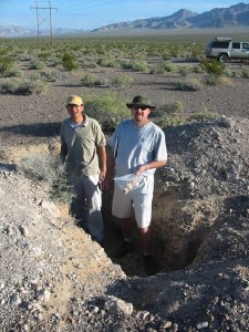Soil sampling for naturally occurring perchlorate in Amargosa Desert, Nevada, soils. Just beneath the soil layer with active plant roots the scientists found a salt-rich zone containing perchlorate