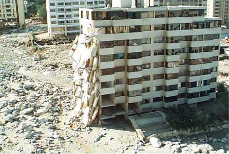 Debris flow damage to apartment building in Caraballeda, Vargas state, Venezuela, January 19, 2000. 