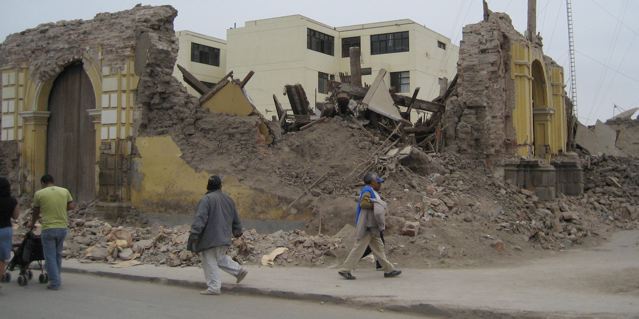 Collapsed adobe church in Pisco, Peru following August 15th 2007 magnitude 8.0 earthquake.