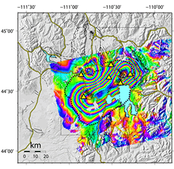 InSAR image of Yellowstone with multiple color bands.