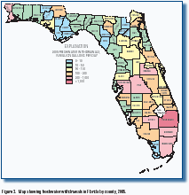 map image: Water Use in Florida, 2005 and Trends 1950–2005