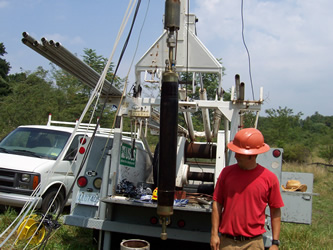 USGS scientists preparing the BAT3 to be lowered into a bedrock well to test fractures at the USGS's Leetown Science Center, WV