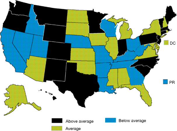 Map of United States shows State variation for Medicare hemodialysis patients with adequate dialysis. States above average: Washington, Oregon, Montana, Wyoming, Minnesota, Maine, Vermont, Massachusetts, Connecticut, Indiana, Pennsylvania, New Jersey, Colorado, New Mexico, North Carolina, South Carolina, Texas, Hawaii. States below average: Idaho, Wisconsin, California, Nevada, Utah, Nebraska, Missouri, Ohio, West Virginia, Arkansas, Tennessee, Georgia, Louisiana, Puerto Rico. average states: North Dakota, South Dakota, Michigan, Iowa, New York, New Hampshire, Rhode Island, Illinois, Kansas, Delaware, Maryland, Virginia, D.C., Arizona, Oklahoma, Mississippi, Alabama, Alaska, Florida.