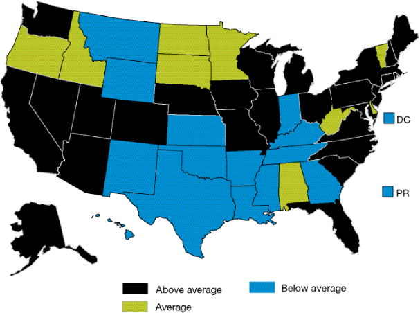 Map of United States shows State variation in receipt of recommended hospital care for acute heart failure. States above average: Washington, Wisconsin, Maine, Michigan, New Hampshire, Massachusetts, New York, Rhode Island, Connecticut, New Jersey, Pennsylvania, Ohio, Illiinois, Iowa, Nebraska, California, Nevada, Utah, Colorado, Maryland, Missouri, Virginia, Arizona, North Carolina, South Carolina, Florida, Alaska. States below average: Montana, Wyoming, Indiana, Kansas, Kentucky, D.C., Tennessee, New Mexico, Oklahoma, Arkansas, Georgia, Mississippi, Texas, Louisiana, Puerto Rico, Hawaii. Average states: Alabama, West Virginia, Delaware, Vermont, Minnesota, South Dakota, North Dakota, Idaho, Oregon.