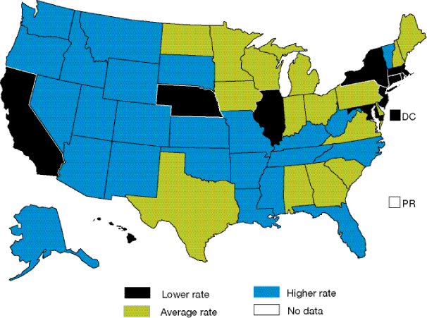 Map of the United States shows State variation on suicide deaths per 100,000 population. States with lower rate: California, New York, Massachusetts, Rhode Island, Connecticut, New Jersey, Maryland, Illinois, Nebraska, D.C., Hawaii. States with higher rate: Alaska, Florida, Louisiana, Mississippi, Arizona, New Mexico, Oklahoma, Arkansas, Tennessee, North Carolina, Kentucky, Missouri, Kansas, Colorado, West Virginia, Utah, Nevada, Vermont, Oregon, Idaho, Wyoming, South Dakota, Montana, Washington. Average States: North Dakota, Minnesota, Wisconsin, Iowa, Michigan, Maine, New Hampshire, Ohio, Pennsylvania, Indiana, Virginia, Delaware, Texas, Alabama, Georgia, South Carolina. No data: Puerto Rico.