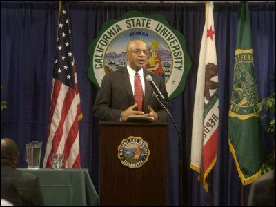 Secretary Rod Paige addresses students, elected officials, university officials, and educators at the Wilson Riles Education Scholarship Fundraiser at California State University, Sacramento.  This scholarship has been established in memory of Wilson C. Riles, who believed in children.  For more than 50 years, he developed and taught programs to help students succeed academically.  "A commitment to children is an investment in the future," he said.
