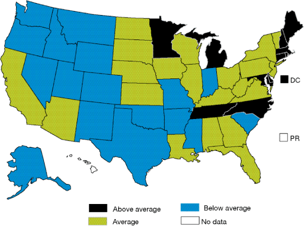 Map of the United States shows State variation of women age 40 and over who reported they had a mammogram within the past 2 years. Above average States: Minnesota, Michigan, Maine, New Hampshire, Massachusetts, Rhode Island, Connecticut, Delaware, Maryland, D.C., Tennessee, North Carolina. States below average: Washington, Montana, Oregon, Idaho, Wyoming, Nevada, Utah, Colorado, Missouri, Indiana, New Mexico, Oklahoma, Arkansas, Texas, Mississippi, South Carolina, Alaska. Average States: North Dakota, South Dakota, Wisconsin, New York, Vermont, Nebraska, Iowa, California, Kansas, Illinois, Ohio, Pennsylvania, New Jersey, West Virginia, Virginia, Kentucky, Arizona, Alabama, Georgia, Louisiana, Florida. States with no data: Hawaii, Puerto Rico.