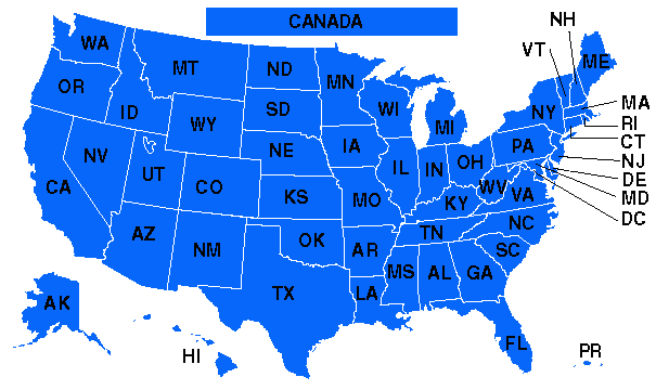 Map of the United States, showing Current Child Health Research Projects. See below for text links to State information