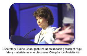 Secretary Elaine Chao gestures at an imposing stack of regulatory materials as she discusses Compliance Assistance.