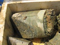 A close-up of a fracture cutting through a core that was collected from the site (circa 2005). Fractures such as this one control the migration of contaminants at the site. Note the rough texture of the surface of the fracture