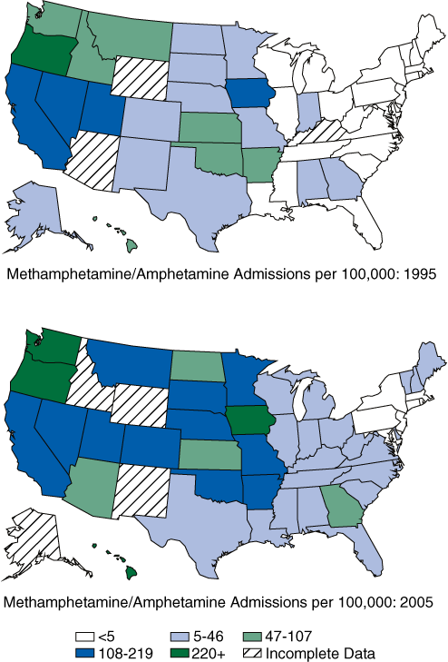 Two Maps comparing Methamphetamine/Amphetamine Admission Rates per 100,000 Persons Aged 12 or Older in 1995 and 2005
