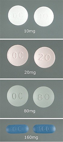 Photo of OxyContin pills of 10 mg, 20 mg, 80 mg, and 160 mg dosage.