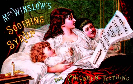 Drawing of a woman and two children advertising Mrs. Winslow's soothing syrup for children teething.