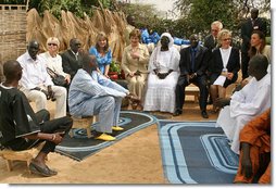 Mrs. Laura Bush sits in on a roundtable discussion about malaria at Fann Hospital Tuesday, June 26, 2007, in Dakar, Senegal. Malaria is the single leading cause of death in Senegal. This year the United States is providing $16.7 million in assistance to combat the issue. The funding is part of the President's Malaria Initiative that increases malaria funding by more than 1.2 billion dollars over five years.  White House photo by Shealah Craighead