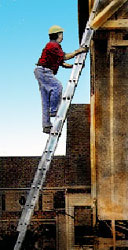 Worker on a metal ladder leaning against the outside of a house