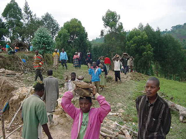 Members of the Urunana Association, Rwandas Gisenyi province, use their collective labor in building a pigsty