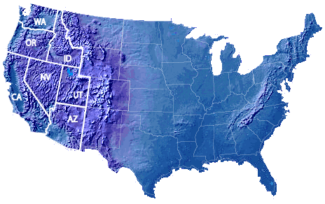 Digital elevation model of the conterminous U.S. States outlined are areas covered by Western Mineral Resources Team
