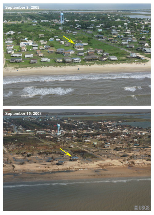 Location 1: Oblique aerial photography of Bolivar Peninsula, TX, on September 9, 2008 (top) and September 15, 2008, two days after landfall of Hurricane Ike (bottom). 