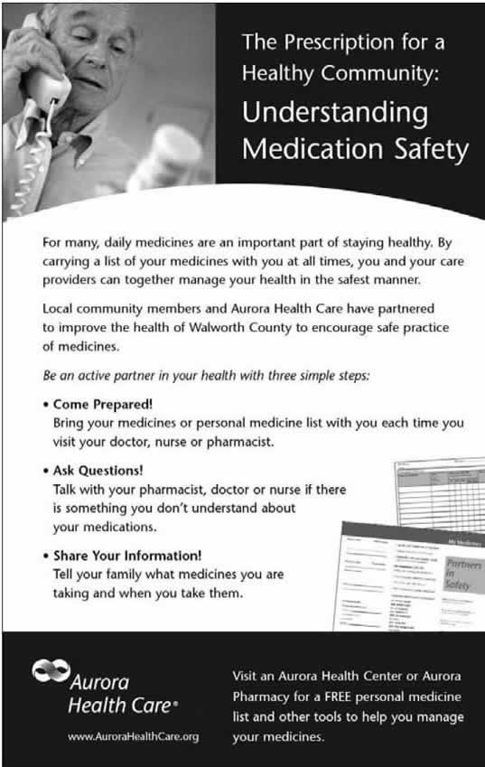 Photograph of an advertisement from Aurora Health Care.  The ad features a photograph of an elderly man talking on the phone and holding a prescription bottle. The caption reads, 'The Prescription for a Healthy Community: Understanding Medication Safety' and text copy encourages patients to discuss their medications with their doctors, pharmacists, and family members.