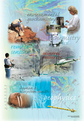 Photo collage of outdoor scenes and USGS scientists at work.