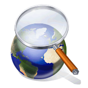 A cartoon magnifying glass and globe.