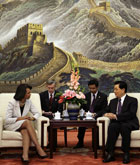 Secretary Rice talks with Chinese President Hu Jintao during their meeting at the Great Hall of the People in Beijing, China Monday, June 30, 2008. © AP Image 