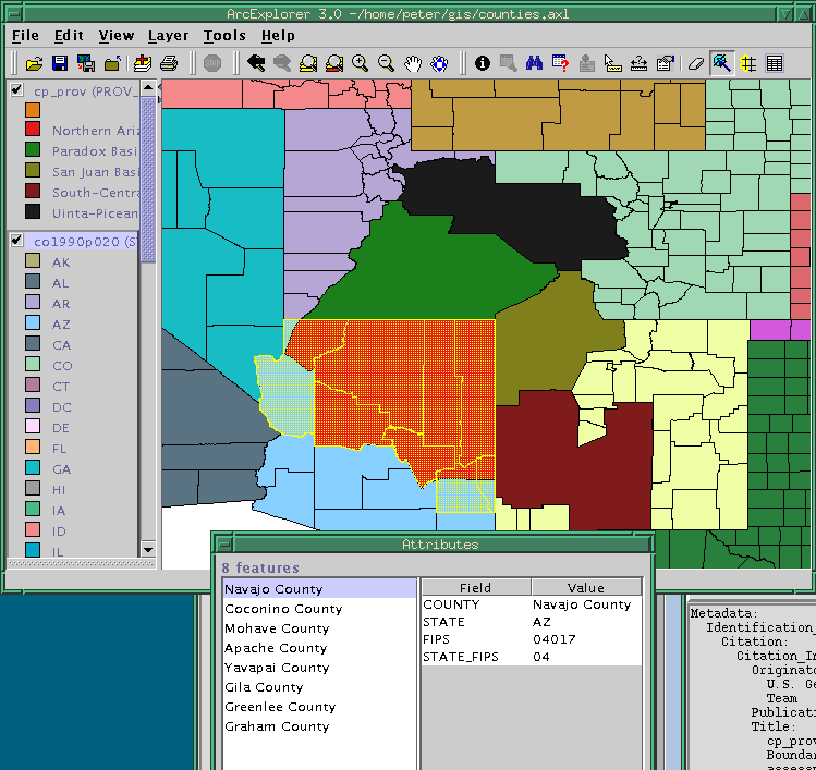 ArcExplorer 3 map showing counties in the southwest US with some data over them, 8 counties of New Mexico selected