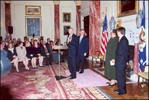 The President, Secretary Powell, Director General Ruth Davis, and Under Secretary for Political Affairs Marc Grossman at the Swearing-In of a New Class of Foreign Service Officers