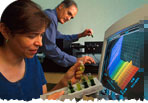 Postdoctoral research scientist Adriana Ortiz-Lopez uses a spectrophotometer to examine the different pigments contained in canola seed extracts while plant physiologist John Whitmarsh prepares a new sample for analysis.