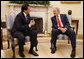 President George W. Bush speaks with Panama's President Martin Torrijos during their meeting in the Oval Office, Wednesday, Sept. 17, 2008, where President Bush thanked President Torrijos for being a good friend to freedom, prosperity and democracy. White House photo by Eric Draper