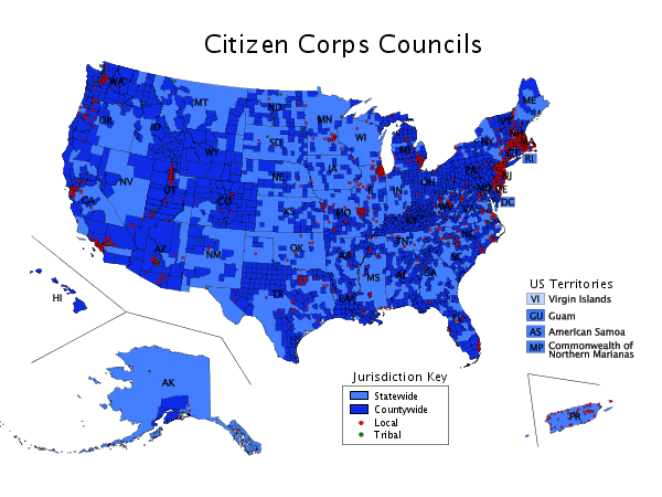 Map of the United States with councils or partners color-coded