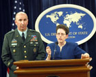 Maura Harty, Assistant Secretary for Consular Affairs and Brigadier General Barbero, Deputy Director for Regional Operations of the Joint Chief of Staff discuss efforts to assist American Citizens departing Lebanon. State Deparment photo by Michael Gross.