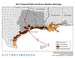 Ike's Projected Path and Severe Weather Warnings map