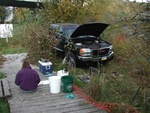 USGS scientists collecting data to assess the sustainability of the natural attenuation of a chlorinated-solvents plume at an old dry-cleaning facility near Soldonta, AK.