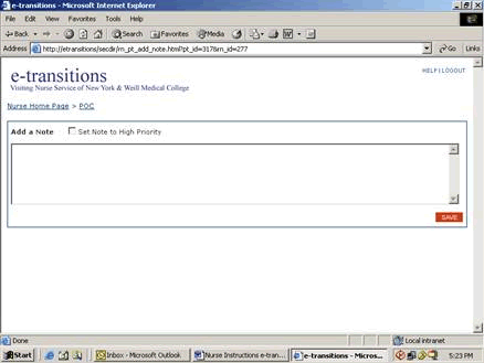 Sample screen shot of a page where a nurse can add a note. There is an empty text box to add information and above it a checkbox to indicate that the note is high priority. Below the text box is an orange button to save the note.