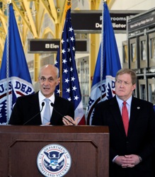 Department of Homeland Security Secretary Michael Chertoff speaks at a press conference for secure flight as Transportation Security Administration Administrator Kip Hawley stands next to him at Reagan National Airport Oct. 22.