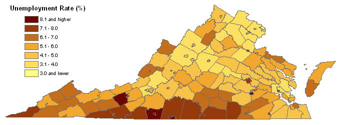 Unemployment rates in Virginia by county, August 2008