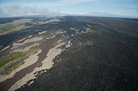 A breakout from the TEB tube above Royal Gardens continues to flow down the east margin of the TEB flow field. The terminus, just below the center of the photo, has several small `a`a channels. The upper portion of the breakout has been resurfaced by pahoehoe, and is the slightly darker-colored lava just above photo center. Mauna Kea shines in the background at upper right, and the broad summit of Mauna Loa is at upper left. Pu`u `Ō `ō is the heavily fuming cone near upper left, and the TEB vent is the fume source at top center. 