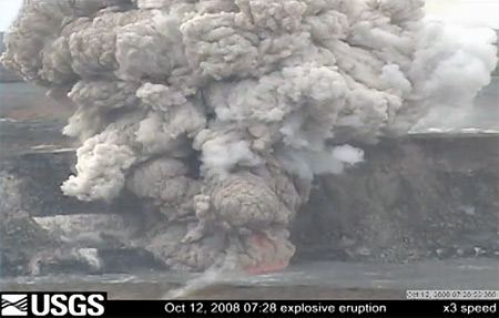 This Quicktime movie (x3 speed) shows the latest explosive eruption from the vent in Halema`uma`u, which occurred at 7:28am.  A robust, ash-rich mushroom cloud is ejected, and followed by pulses of hot, glowing gas and particles.  The explosion deposited a field of fist-size ejecta around the crater rim.    